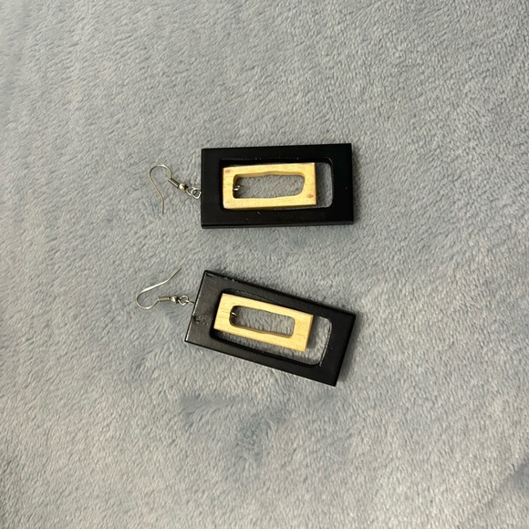 Black and Wood Rectangular Earrings - Picture 1 of 1